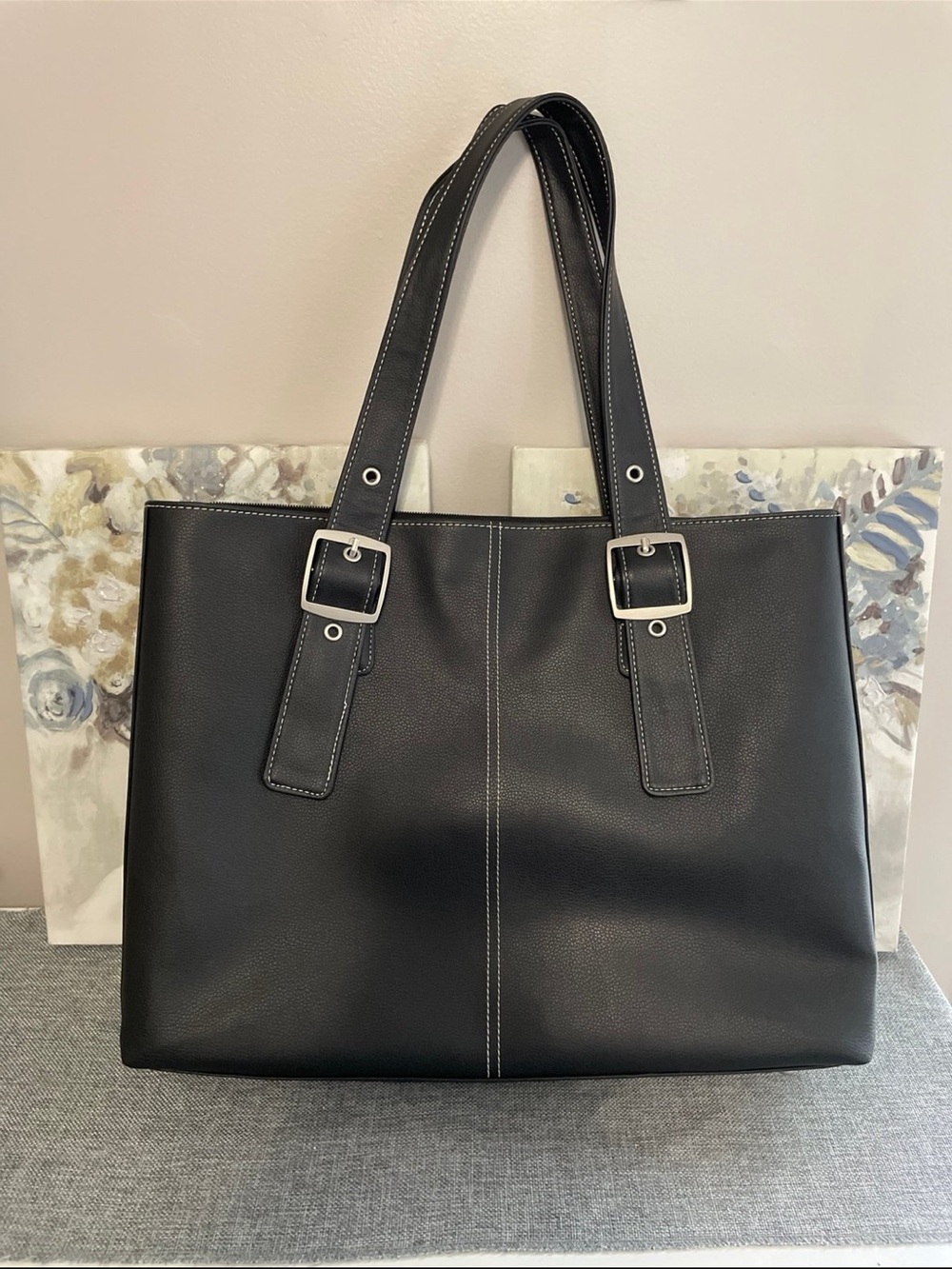 Solo Classic Black Leatherette Tote Bag with Contrast Stitching